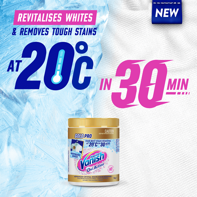 Vanish Gold Pro Crystal White revitalises whites and removes tough stains at 20 degrees in 30min